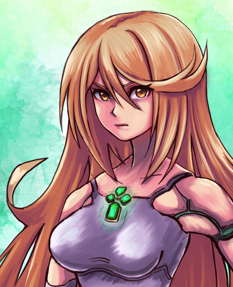 a2_(nier:automata), a2_(nier:automata)_(cosplay), alternate_color, alternate_costume, bare_shoulders, blonde_hair, chest_jewel, close-up, cosplay, crossover, eyelashes, frown, fusion, gem, glaring, glowing, glowing_crystal, green_background, long_hair, looking_to_the_side, mythra_(xenoblade), nier:automata, nier_(series), possessed, shirt, stoic_seraphim, white_shirt, xenoblade_chronicles_(series), xenoblade_chronicles_2, yellow_eyes