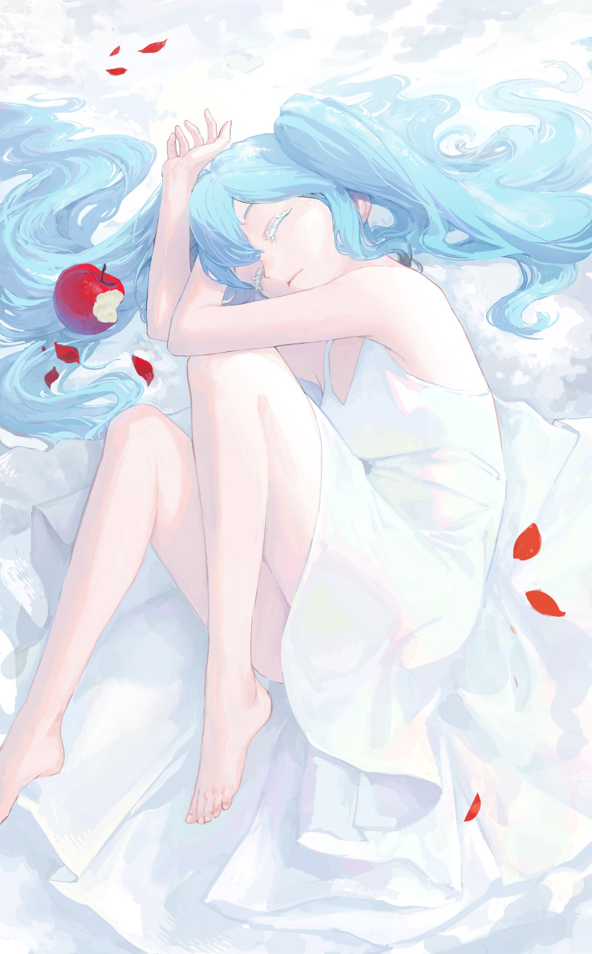 absurdres, apple, barefoot, blue_hair, cho_gum, closed_eyes, closed_mouth, dress