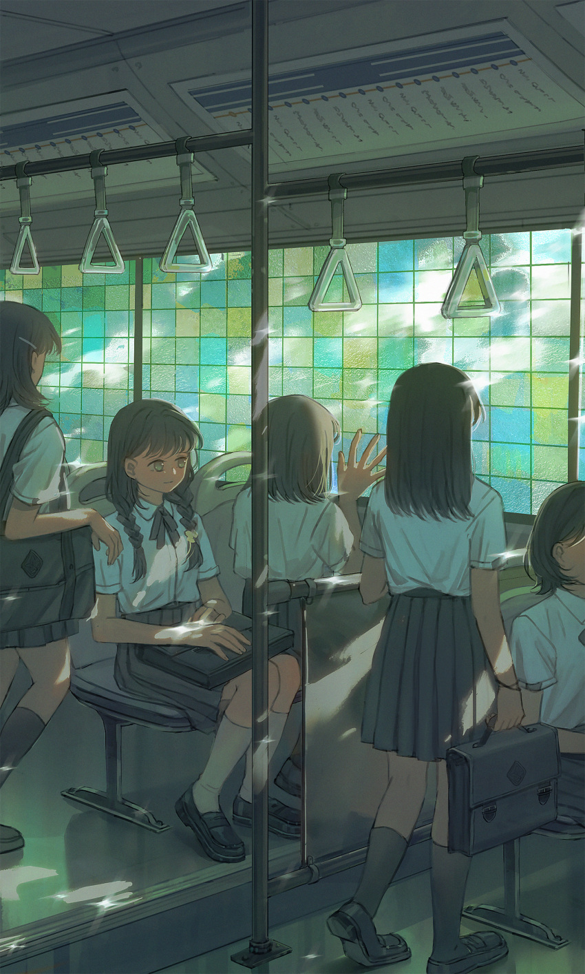 5girls, absurdres, bag, black_ribbon, black_skirt, black_socks, braid, briefcase, bus_interior, collared_shirt, commentary, hand_grip, highres, holding, holding_briefcase, kimonogo, kneehighs, loafers, long_hair, medium_hair, multiple_girls, neck_ribbon, original, ribbon, school_bag, school_briefcase, school_uniform, shirt, shoes, short_hair, sitting, skirt, socks, standing, symbol-only_commentary, twin_braids, white_shirt, white_socks