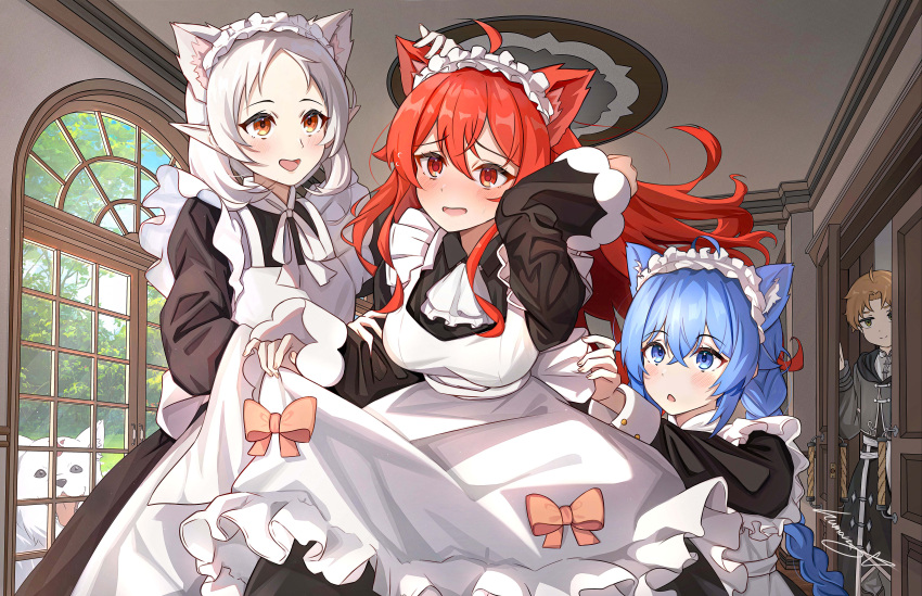 1boy, 3girls, absurdres, adjusting_another's_clothes, ahoge, animal_ears, apron, ascot