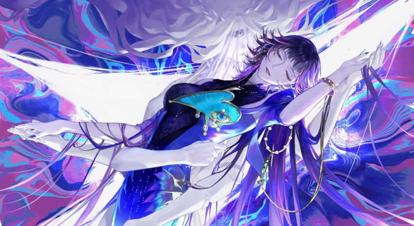1girl, 1other, abstract_background, blue_dress, blue_nails, bracelet, breasts, chinese_commentary