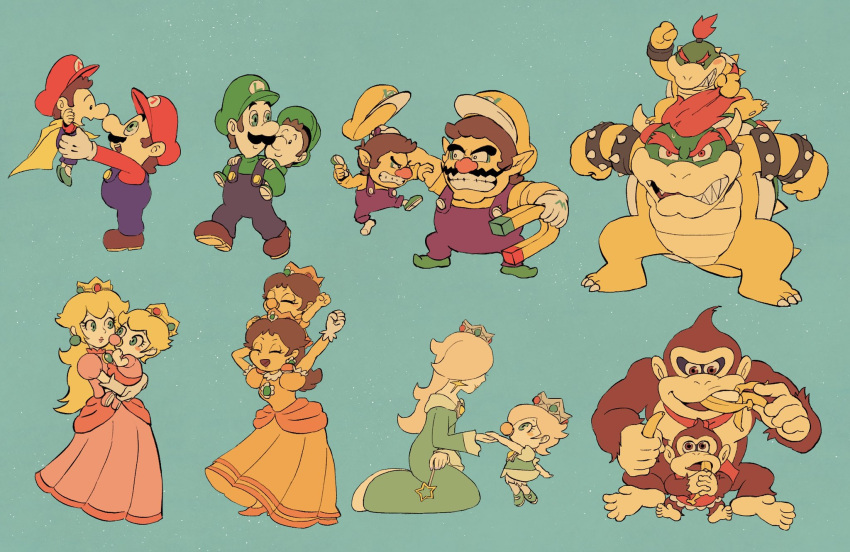 6+boys, 6+girls, :d, ^_^, angry, aqua_background, aqua_dress, arm_up