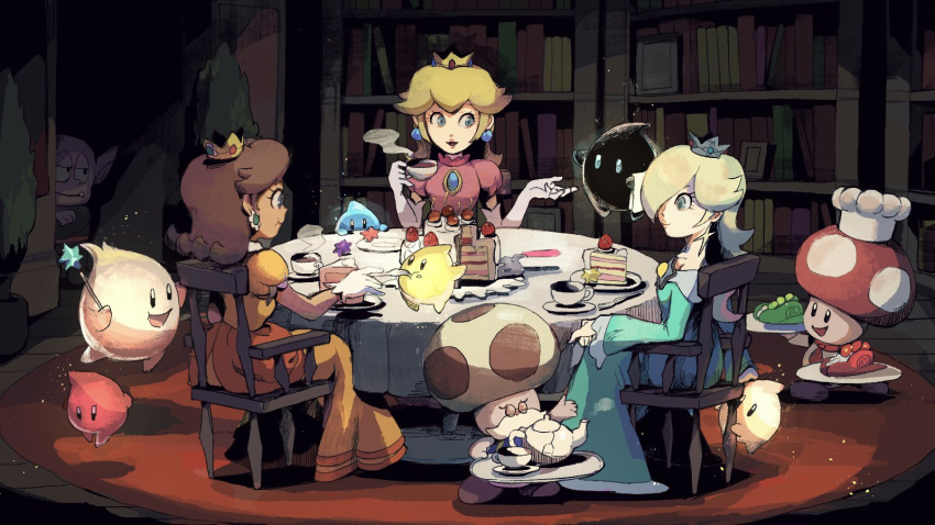 3boys, 3girls, :d, aqua_dress, arm_up, ascot, blonde_hair, blue_eyes