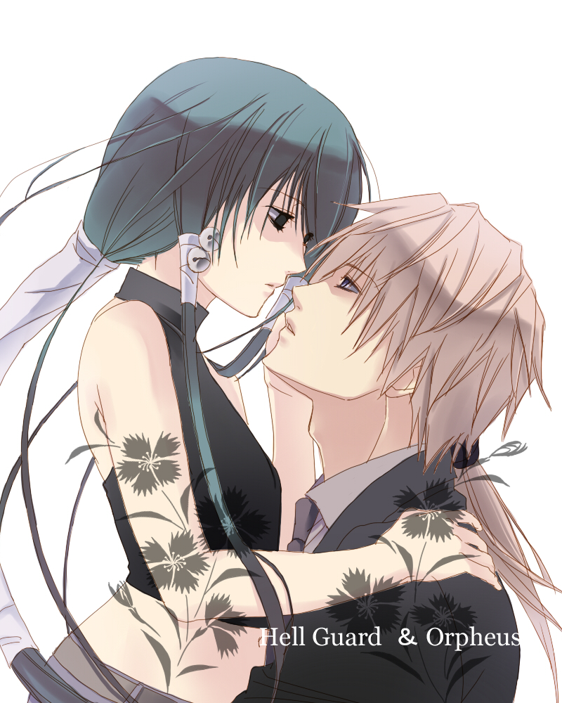 black_eyes, fuuchouin_kazuki, getbackers, green_hair, hug, long_hair, multiple_boys, papillon10, ponytail, purple_eyes, tattoo, toshiki_uryuu, trap, violet_eyes