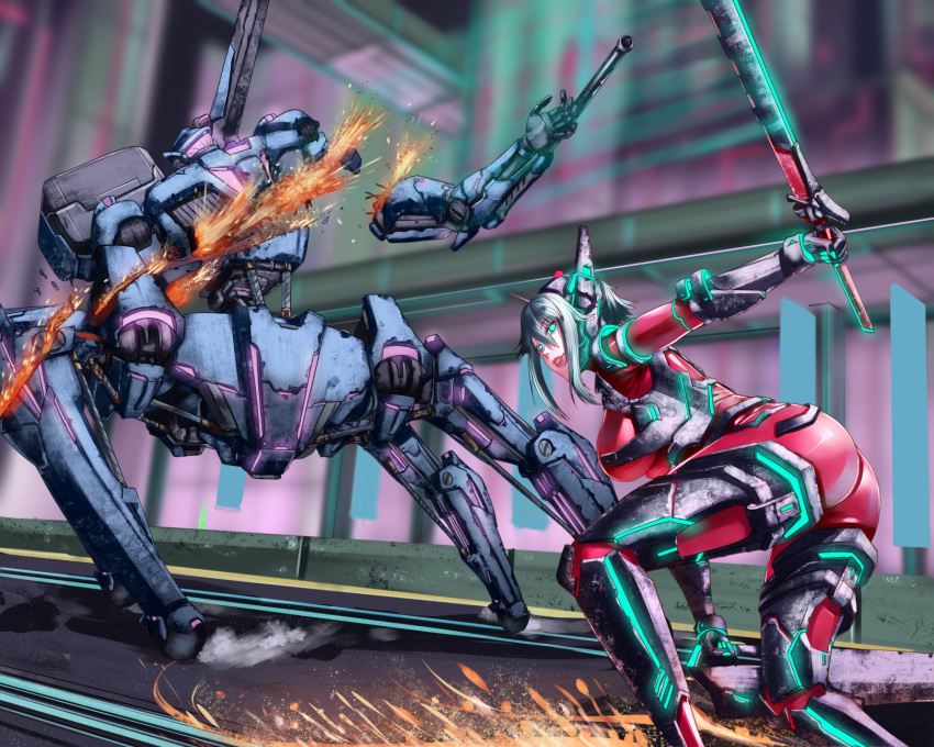 1girl, android, battle, black_gloves, bodysuit, breasts, chin_guard, clip_studio_paint_(medium)