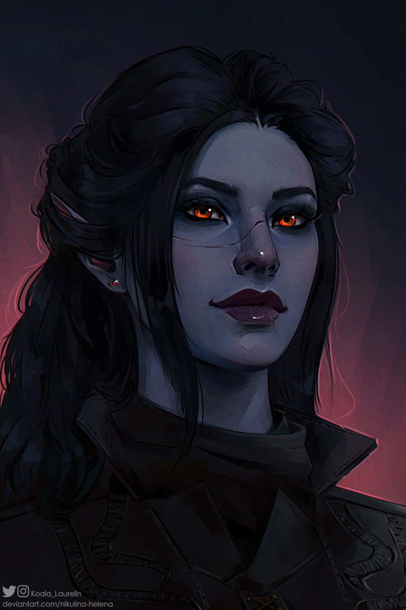 1girl, artist_name, baldur's_gate, baldur's_gate_3, black_background, black_hair, closed_mouth, colored_skin, commission, dungeons_and_dragons, grey_skin, highres, instagram_logo, laurelin, long_hair, pointy_ears, portrait, red_background, red_eyes, smile, solo, tav_(baldur's_gate_3), twitter_logo