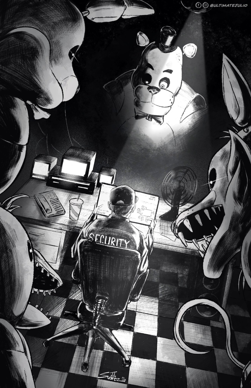 1boy, 4others, animal_ears, animal_focus, artist_name, bon_bon_(fnaf), bow, bowtie, character_request, chica, english_commentary, english_text, faceless, faceless_male, fangs, five_nights_at_freddy's, five_nights_at_freddy's_1, foxy_(fnaf), freddy_fazbear, glowing, glowing_eyes, greyscale, hat, highres, hook_hand, horror_(theme), male_focus, monochrome, multiple_others, on_chair, open_mouth, robot, security_guard, short_hair, solo_focus, spotlight, table, teeth, television, tile_floor, tiles, top_hat, ultimatejulio, uniform