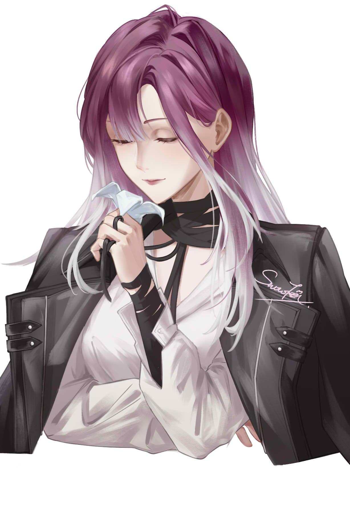 1girl, arm_wrap, black_coat, closed_eyes, coat, coat_on_shoulders, cropped_torso, crossed_arms