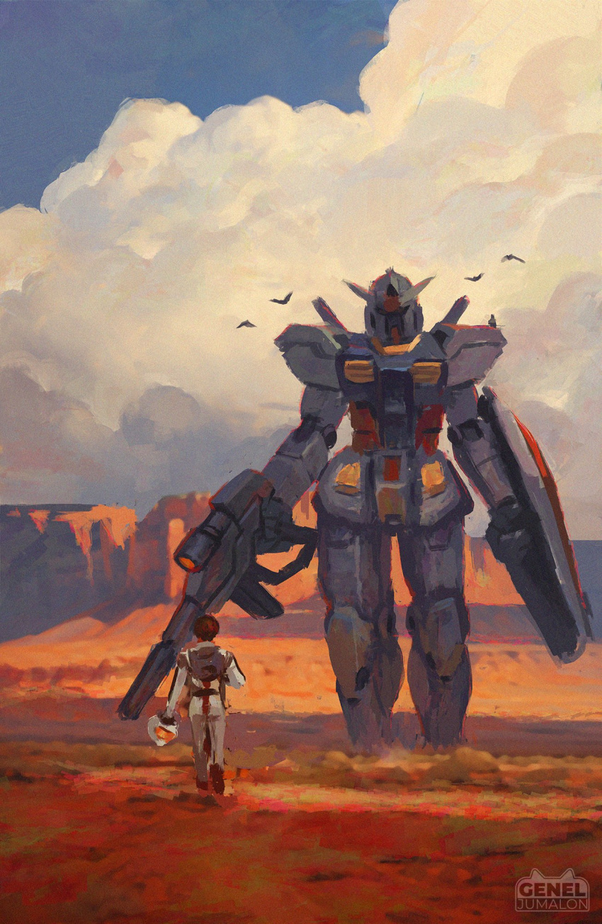 1boy, amuro_ray, artist_logo, beam_rifle, bird, blue_sky, brown_hair, clouds