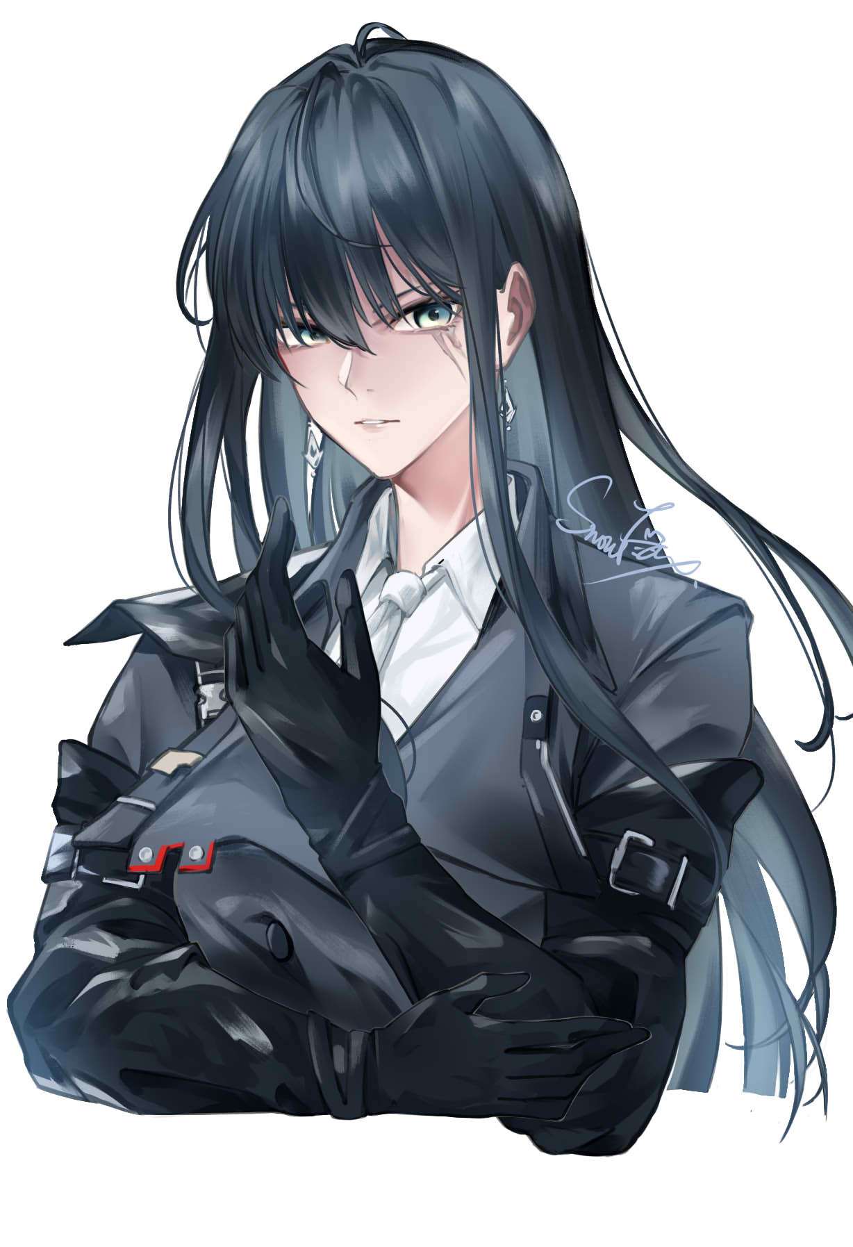 1girl, black_gloves, black_hair, black_jacket, blue_eyes, chest_harness, collared_shirt, cropped_torso