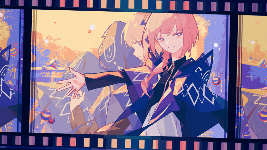 1girl, absurdres, black_jacket, blue_background, blue_cloak, blue_eyes, blush, braid, braided_ponytail, chinese_commentary, cloak, commentary_request, cone_(geometry), cropped_jacket, dress, dutch_angle, fagun_yibei, film_strip, grin, hair_over_shoulder, highres, hood, hood_down, hood_up, hooded_cloak, jacket, kaf_(kamitsubaki_studio), kamitsubaki_studio, long_hair, long_sleeves, looking_at_viewer, multicolored_background, multicolored_eyes, multiple_views, narrowed_eyes, open_cloak, open_clothes, orb, outstretched_arms, pink_hair, profile, recurring_image, red_eyes, sequential, smile, spread_arms, sun, turning_around, turtleneck, upper_body, virtual_youtuber, white_dress, yellow_background, yellow_pupils, zipper