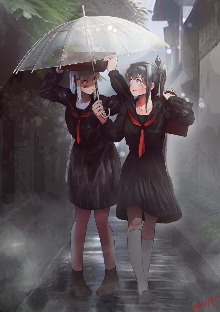 2girls, absurdres, architect_(girls'_frontline), bag, bag_over_head, barcode, barcode_tattoo, black_serafuku