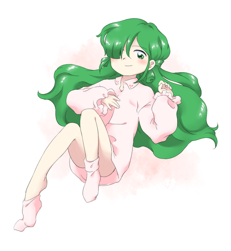 1girl, closed_mouth, convenient_leg, green_eyes, green_hair, hair_over_one_eye, kazami_yuuka, kazami_yuuka_(pc-98), long_hair, long_sleeves, nonamejd, official_style, pink_shirt, pink_socks, puffy_long_sleeves, puffy_sleeves, shirt, smile, socks, solo, touhou, touhou_(pc-98), zun_(style)