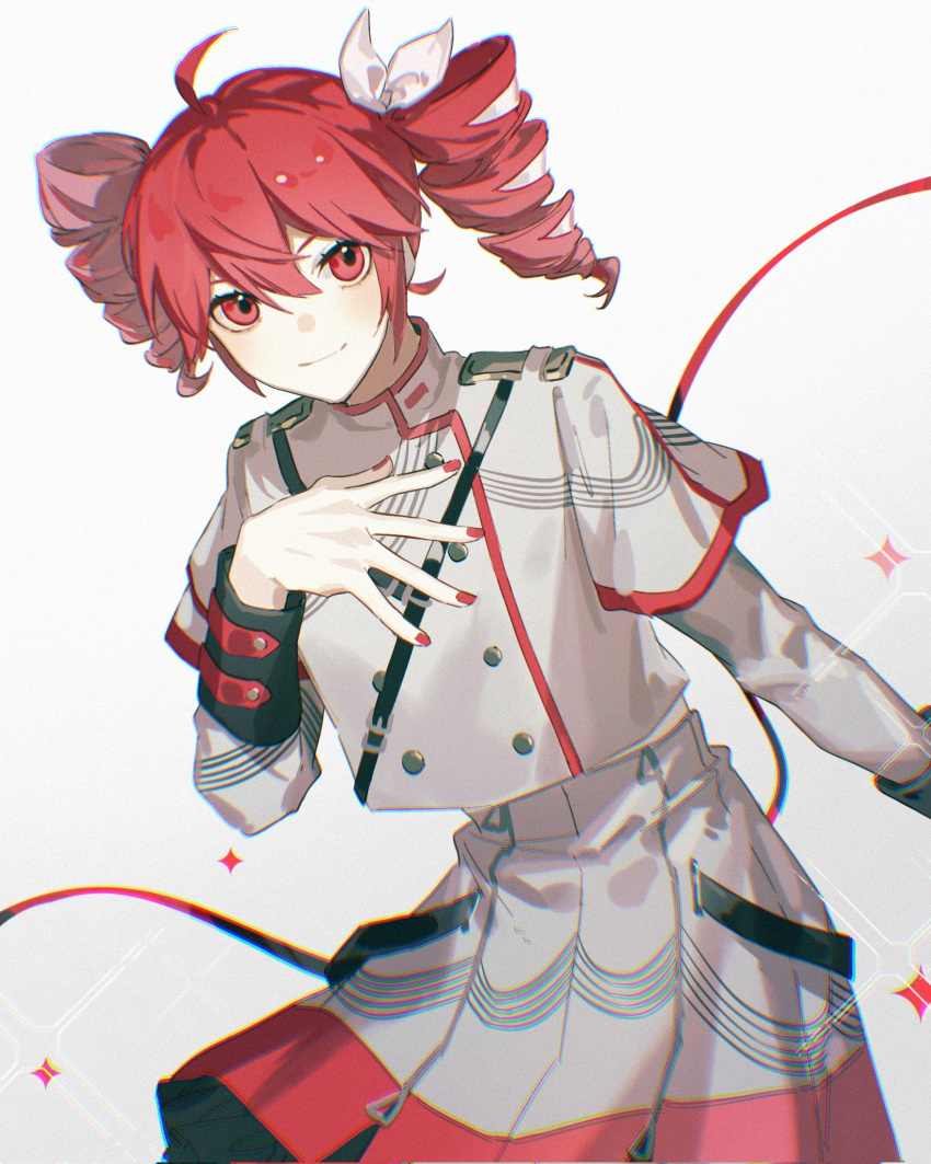 1girl, ahoge, buttons, chinese_commentary, commentary_request, cowboy_shot, double-breasted, drill_hair