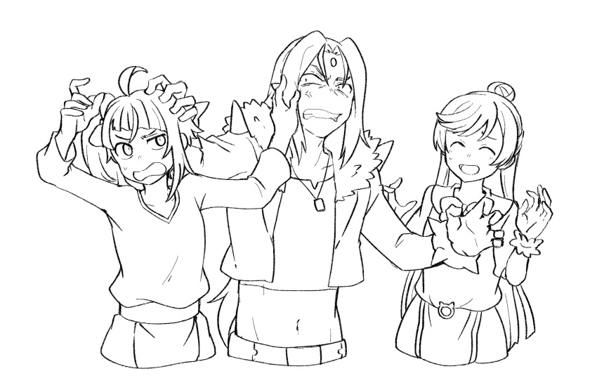 1boy, 2girls, ahoge, anger_vein, angry, battamonda, bow, clenched_teeth