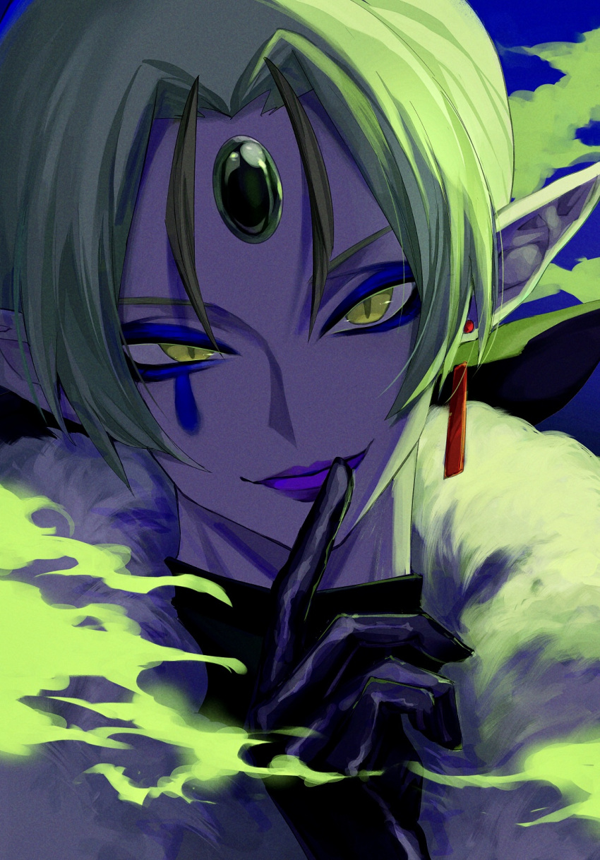1boy, battamonda, black_gloves, blue_background, earrings, finger_to_mouth, fog, forehead_jewel
