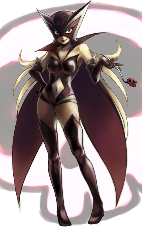 blonde_hair, boots, doronjo, elbow_gloves, gloves, hand_on_hip, high_heels, legs, lip_stick, lipstick, long_hair, mask, navel, ryou_(kimagure), shoes, thigh_boots, thighhighs, time_bokan_(series), yatterman