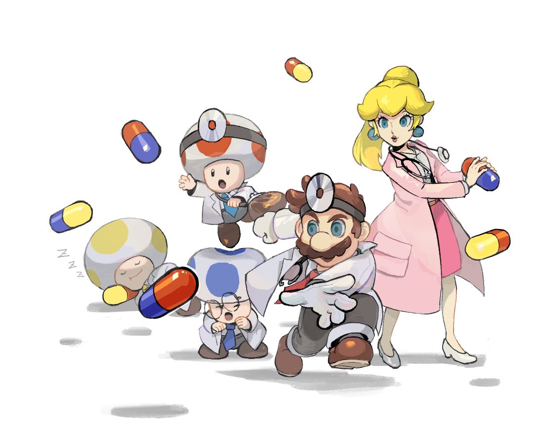 1girl, 4boys, :o, arm_up, blonde_hair, blue_eyes, blue_necktie, blue_toad_(mario)