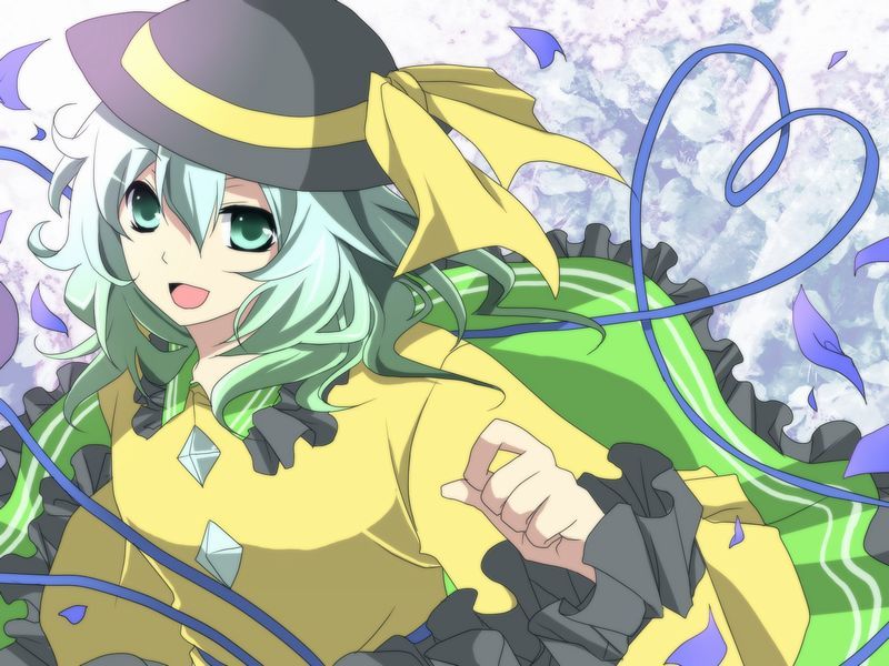 flower, green_eyes, green_hair, hat, jpeg_artifacts, komeiji_koishi, leaf, open_mouth