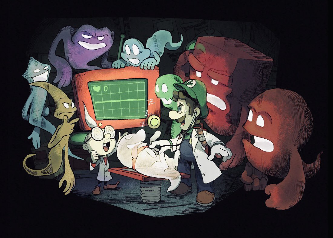 2boys, blue_eyes, blue_overalls, blue_pants, brown_footwear, brown_hair, buttons, cardiogram, closed_eyes, closed_mouth, coat, coke-bottle_glasses, commentary_request, dog, facial_hair, ghost, glasses, gloves, glowing, glowing_eye, glowing_mouth, goob_(luigi's_mansion), green_headwear, green_shirt, greenie_(luigi's_mansion), hammer_(luigi's_mansion), hat, heart, hider_(luigi's_mansion), holding_stethoscope, lab_coat, long_sleeves, luigi, luigi's_mansion, lying, multiple_boys, mustache, on_back, oozer_(luigi's_mansion), open_clothes, open_coat, open_mouth, overalls, pants, polterpup, professor_elvin_gadd, raised_eyebrows, rinabee_(rinabele0120), round_eyewear, shirt, shoes, short_hair, slammer_(luigi's_mansion), sleeping, slinker_(luigi's_mansion), smile, standing, stethoscope, super_mario_bros., sweatdrop, tongue, tongue_out, u_u, white_coat, white_gloves, white_hair, zzz