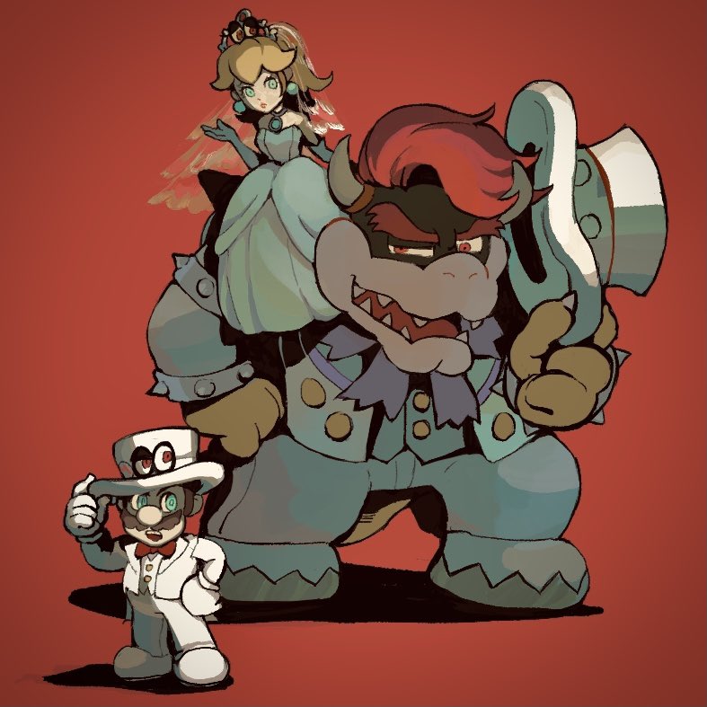 1girl, 2boys, aqua_eyes, armlet, blonde_hair, bowser, bowser_(tuxedo), bracelet