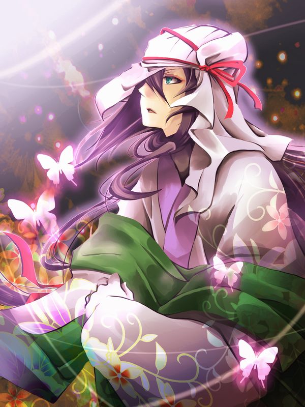 flower, green_eyes, light, long_hair, purple_hair, sakura_(lilak_a), sakura_(pixiv263198), solo