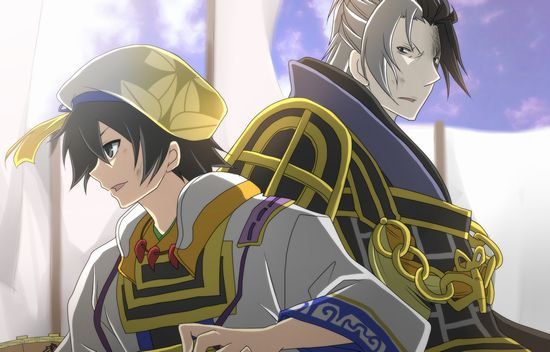 armor, black_hair, hanbei_takenaka, hat, multiple_boys, profile, sakura_(lilak_a), sakura_(pixiv263198), short_hair