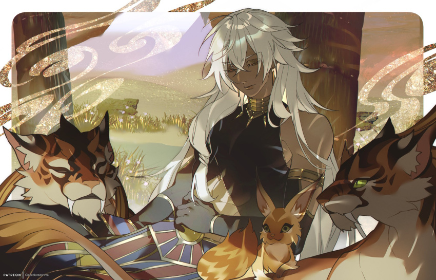 1boy, abs, alternate_costume, animal, bare_shoulders, cioccolatodorima, closed_eyes, closed_mouth, commission, crossed_bangs, dark-skinned_male, dark_skin, elbow_gloves, english_commentary, fox, genshin_impact, gloves, hair_between_eyes, highres, jewelry, king_deshret_(genshin_impact), leaning_back, long_hair, looking_at_another, male_focus, mature_male, neck_ring, outdoors, rishboland_tiger_(genshin_impact), sitting, sleeping, sleeveless, stomach, toned, toned_male, very_long_hair, white_hair