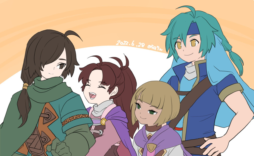 05a7w, 2boys, 2girls, blonde_hair, brown_eyes, brown_hair, cape, closed_mouth