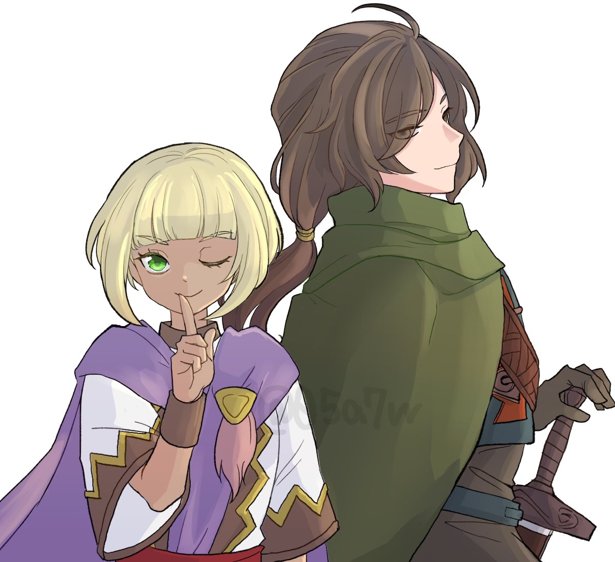 05a7w, 1boy, 1girl, blonde_hair, brown_eyes, brown_hair, closed_mouth, felix_(golden_sun)