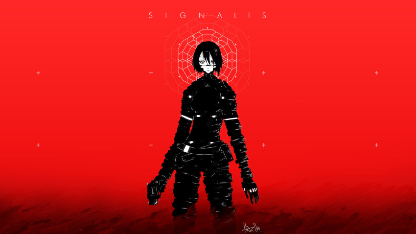 1girl, absurdres, android, artist_name, belt, blame!, bodysuit, chiappa_rhino, commentary, copyright_name, cosplay, crosshair, elster_(signalis), english_commentary, feet_out_of_frame, gloves, glowing_clothes, gun, hair_between_eyes, hair_over_one_eye, handgun, highres, holding, holding_gun, holding_weapon, hrz_uhi, killy, killy_(cosplay), legs_apart, logo, looking_at_viewer, monochrome, multiple_scars, paid_reward_available, parted_lips, red_theme, revolver, robot, robot_girl, scar, scar_on_cheek, scar_on_chin, scar_on_face, scar_on_forehead, science_fiction, serious, short_hair, signalis, signature, simple_background, skin_tight, solo, standing, straight-on, variant_set, wading, water, weapon, wide_shot