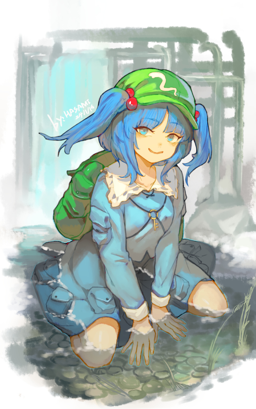 1girl, absurdres, backpack, bag, blue_eyes, blue_hair, blue_shirt, blue_skirt
