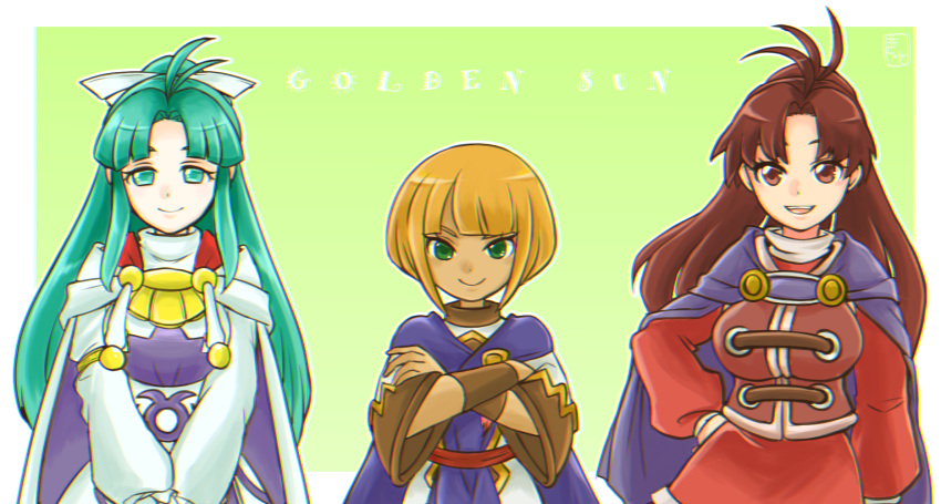 05a7w, 3girls, blonde_hair, blue_eyes, blue_hair, brown_eyes, brown_hair, cape