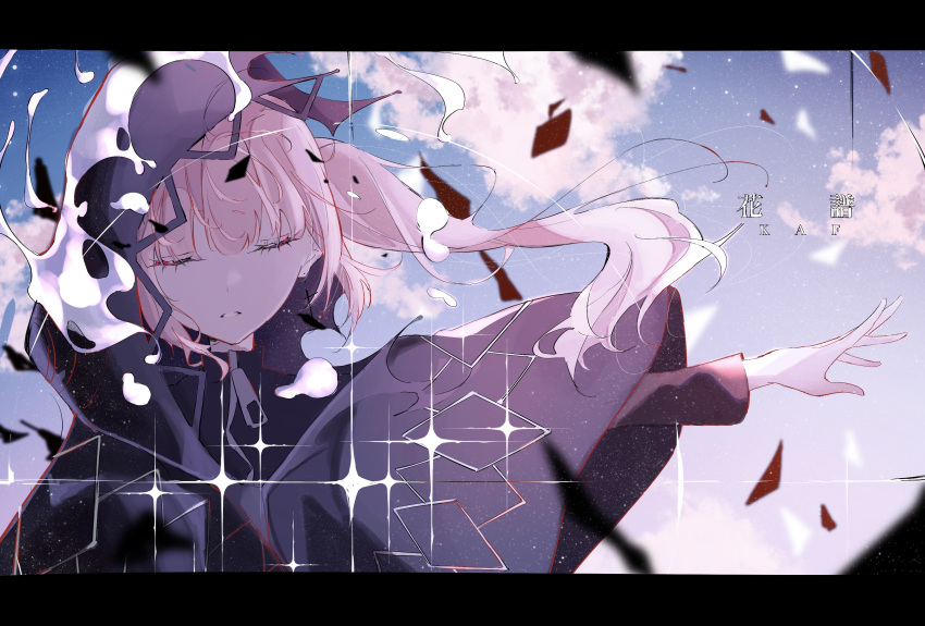 1girl, absurdres, black_cloak, black_jacket, blue_sky, character_name, cloak, closed_eyes