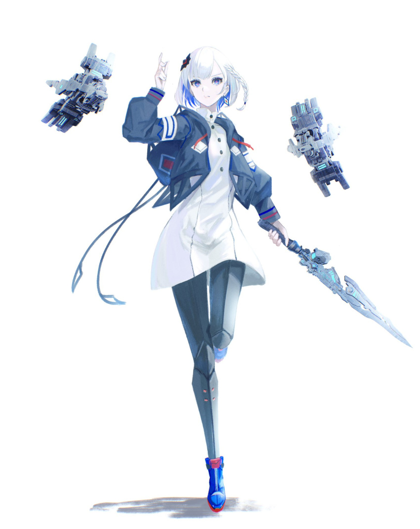 1girl, black_jacket, black_leggings, blue_eyes, blue_footwear, blue_hair, boots, braid, buttons, cevio, closed_mouth, colored_inner_hair, commentary, diamond_earrings, dress, drone, earrings, full_body, hair_ornament, hand_up, highres, holding, holding_sword, holding_weapon, hood, hood_down, hooded_jacket, jacket, jewelry, kamitsubaki_studio, leggings, long_sleeves, looking_at_viewer, mey_(me_hanamomo), multicolored_eyes, multicolored_hair, open_clothes, open_jacket, puffy_long_sleeves, puffy_sleeves, red_eyes, rime_(cevio), serious, short_dress, short_hair, side_braid, simple_background, single_earring, snapping_fingers, solo, standing, standing_on_one_leg, sword, turtleneck_dress, v-shaped_eyebrows, weapon, white_background, white_dress, white_hair