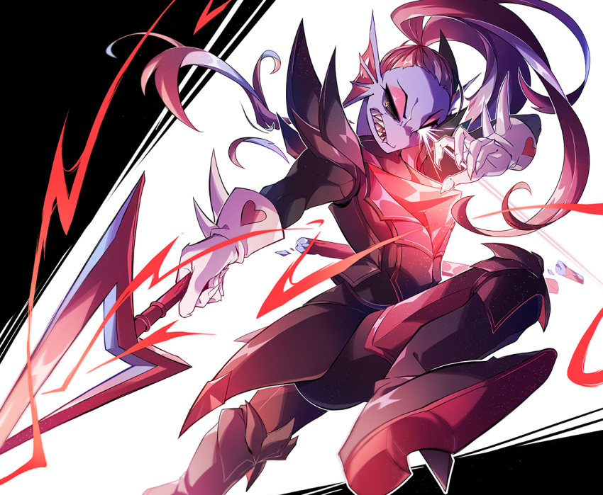 1girl, armor, attack_trail, black_bodysuit, black_sclera, bodysuit, bodysuit_under_clothes, breastplate