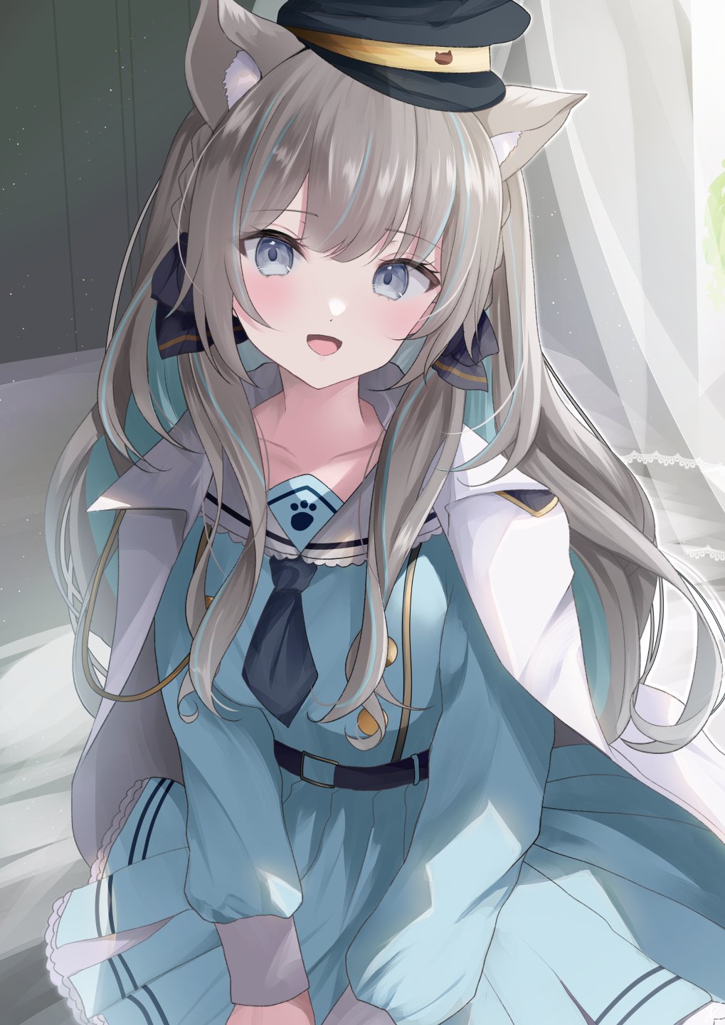 1girl, animal_ears, asahina_miya, belt, black_belt, black_headwear, blue_dress, blue_eyes