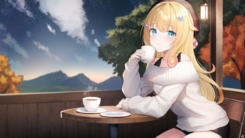 1girl, black_shorts, blonde_hair, blue_eyes, commentary, commission, cup, hair_ornament
