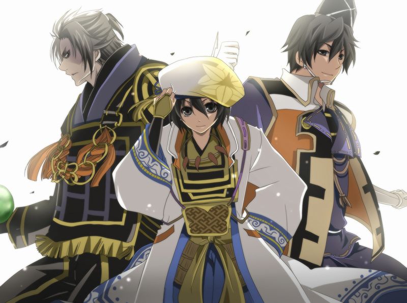black_hair, gloves, hanbei_takenaka, hat, japanese_clothes, jpeg_artifacts, kuroda_kanbei, monk, mori_motonari, multiple_boys, profile, sakura_(lilak_a), sakura_(pixiv263198), sayagata, sengoku_musou, sengoku_musou_3, short_hair, simple_background, smile, takenaka_hanbei, white_background