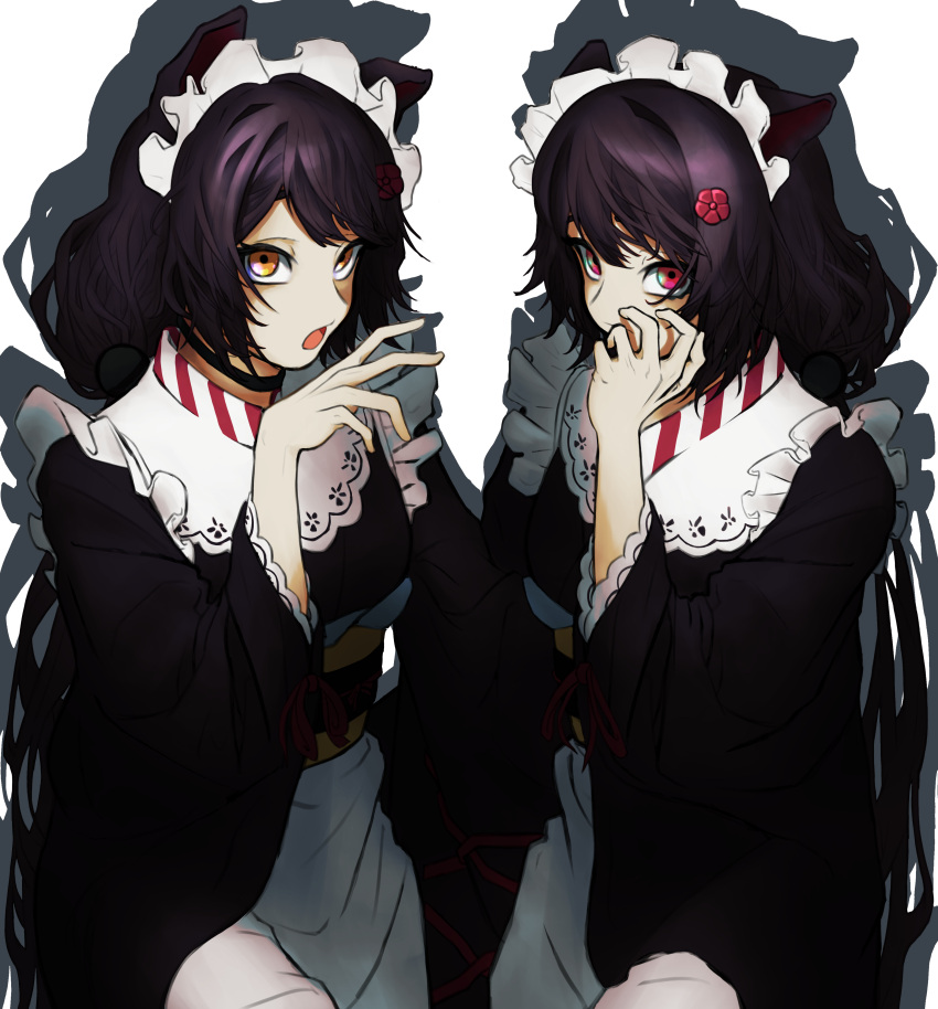 2girls, absurdres, animal_ears, apron, ban_(inui_toko), black_choker, black_kimono, choker