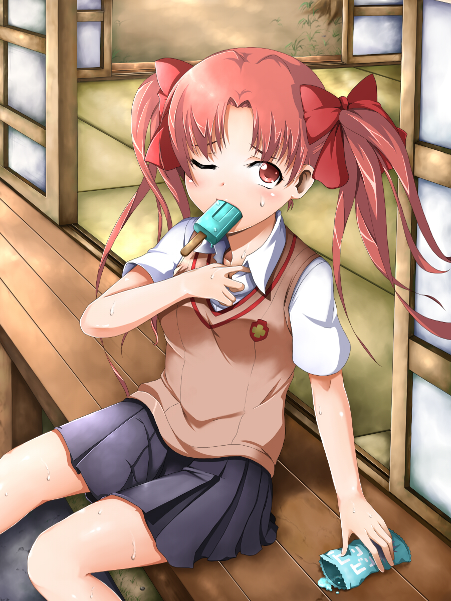 brown_eyes, brown_hair, highres, kiriya_obu_gn, long_hair, mouth_hold, popsicle, porch