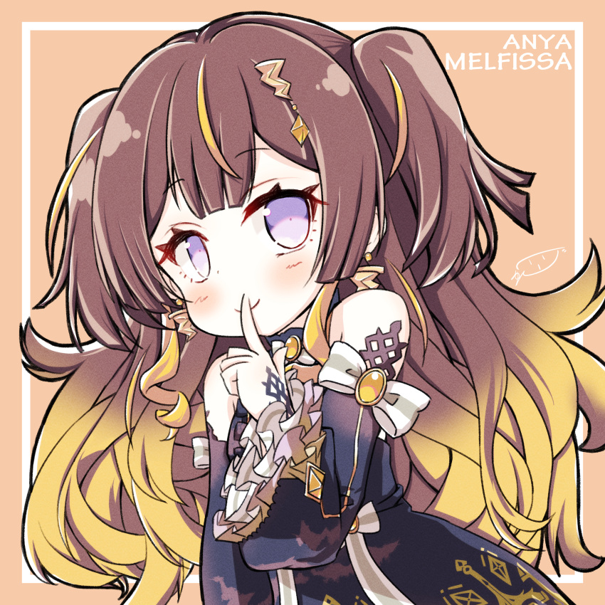 1girl, absurdres, anya_melfissa, anya_melfissa_(1st_costume), black_dress, black_sleeves, blonde_hair, blush, brown_hair, center_frills, character_name, dagger_earrings, detached_sleeves, dress, finger_to_mouth, frilled_dress, frills, gradient_hair, highres, hololive, hololive_indonesia, jun_(noiji_guren_0220), looking_at_viewer, multicolored_hair, short_eyebrows, sleeveless, sleeveless_dress, smile, solo, streaked_hair, two_side_up, violet_eyes, virtual_youtuber