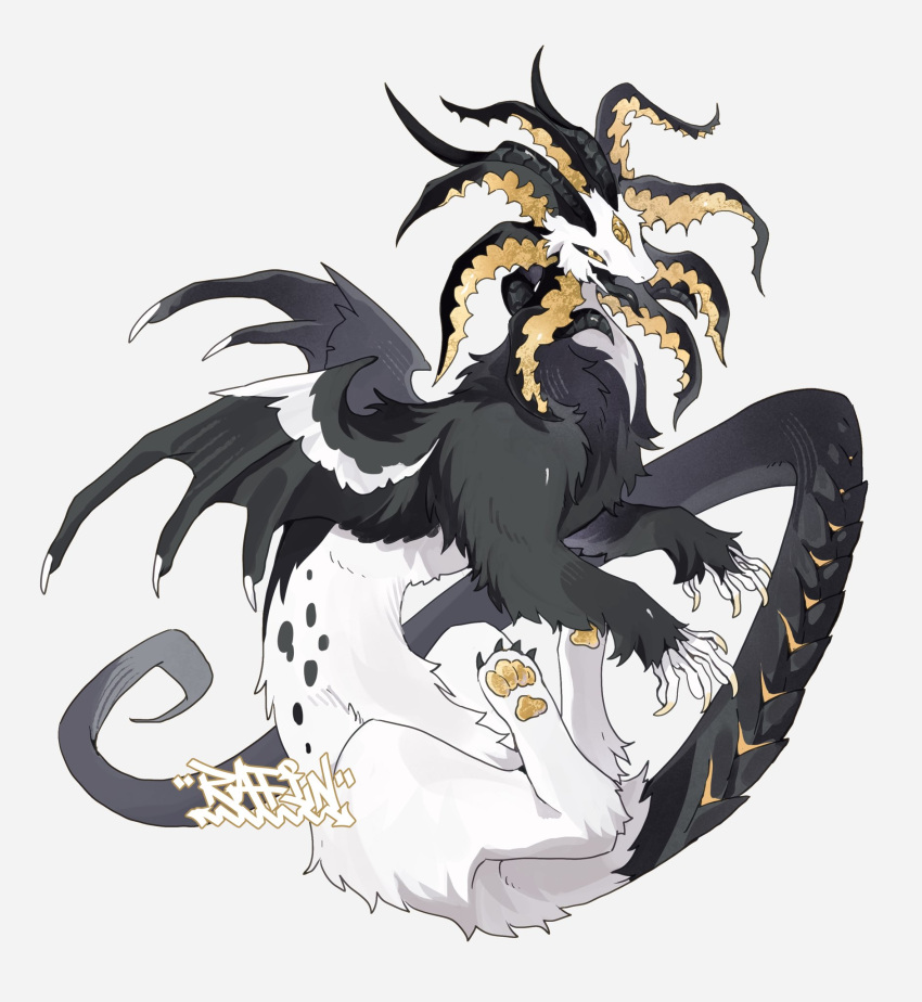 animal_focus, bairizuomeng, black_sclera, black_tongue, claws, colored_sclera, commentary, commission, curled_horns, english_commentary, extra_eyes, from_side, full_body, grey_background, highres, horns, monster, multiple_horns, no_humans, open_mouth, original, pawpads, simple_background, solo, tail, tongue, tongue_out, wings, yellow_eyes