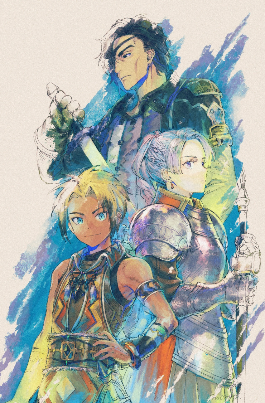 1girl, armor, blonde_hair, braid, brown_hair, chris_lightfellow, closed_mouth, earrings, french_braid, geddoe_(suikoden), gensou_suikoden, gensou_suikoden_iii, gloves, grey_hair, highres, hugo_(suikoden_iii), jewelry, long_hair, looking_at_viewer, moryo, multiple_boys, short_hair, smile, sword, violet_eyes, weapon, white_hair