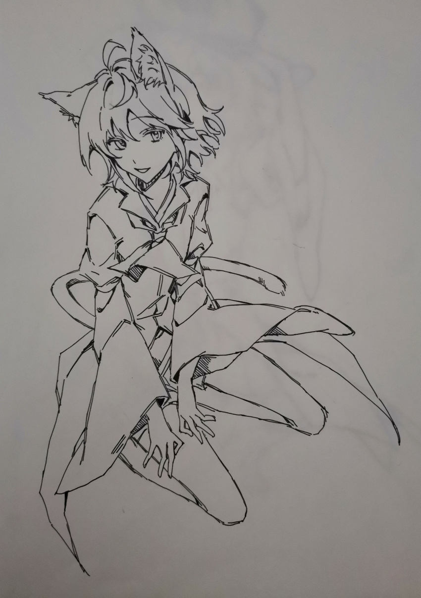 1other, absurdres, androgynous, animal_ears, ascot, ballpoint_pen_(medium), cat_ears, cat_tail, chinese_commentary, coat, commentary_request, greyscale, highres, houlen_yabusame, kemonomimi_mode, kneeling, komatsu2536, layered_sleeves, len'en, long_sleeves, monochrome, other_focus, puffy_short_sleeves, puffy_sleeves, short_hair, short_over_long_sleeves, short_sleeves, simple_background, smile, solo, tail, traditional_media, white_background, wide_sleeves