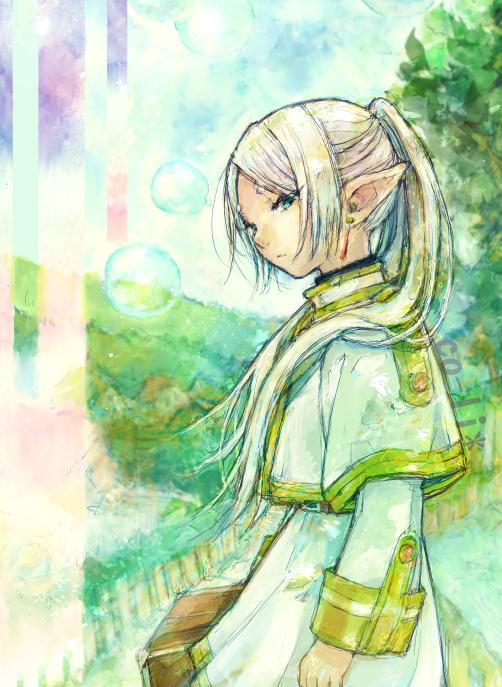 1girl, artist_name, bubble, capelet, co-li_star, commentary_request, dangle_earrings, earrings