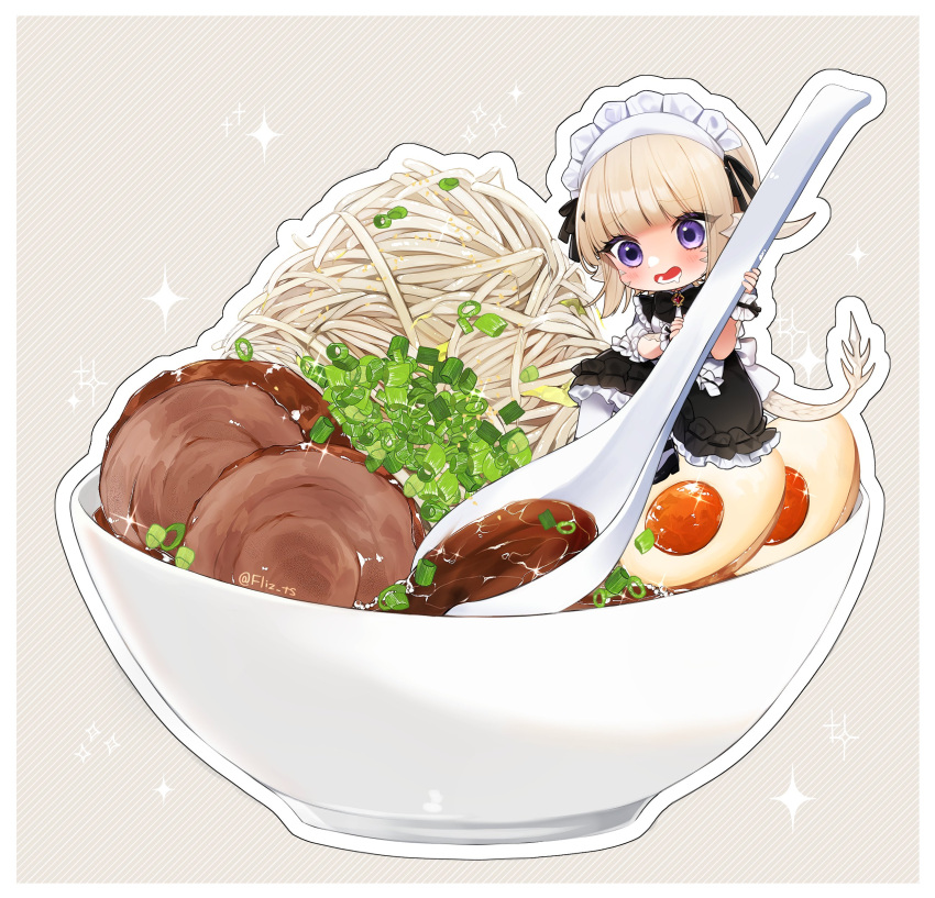 absurdres, apron, au_ra, black_dress, blonde_hair, bowl, chibi, chopped_spring_onion