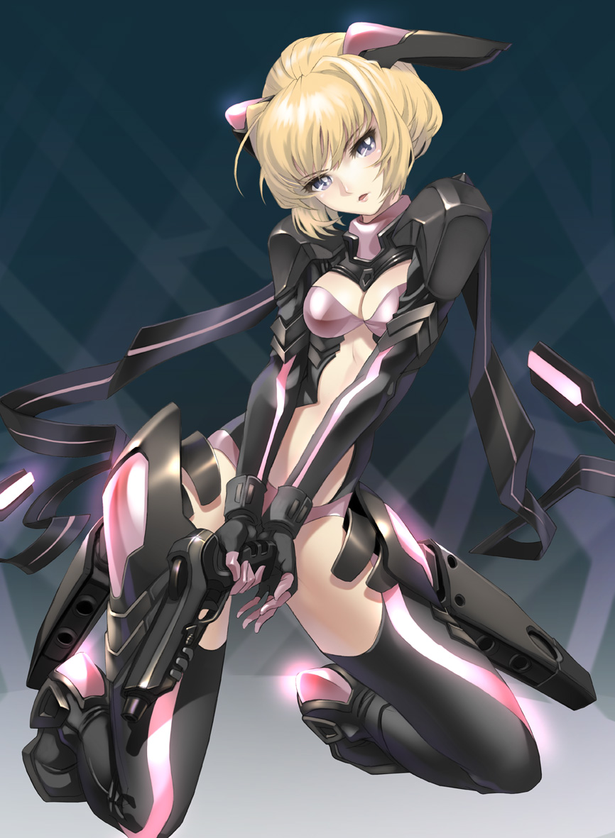 blonde_hair, blue_eyes, gloves, gun, kneeling, maeda_hiroyuki, mecha_musume, original
