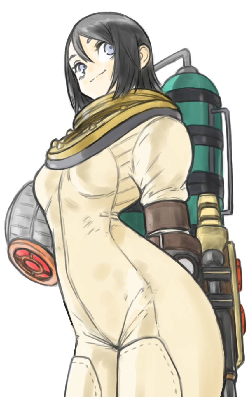 1girl, bioshock_(series), bioshock_2, black_hair, blue_eyes, bodysuit, breasts, closed_mouth
