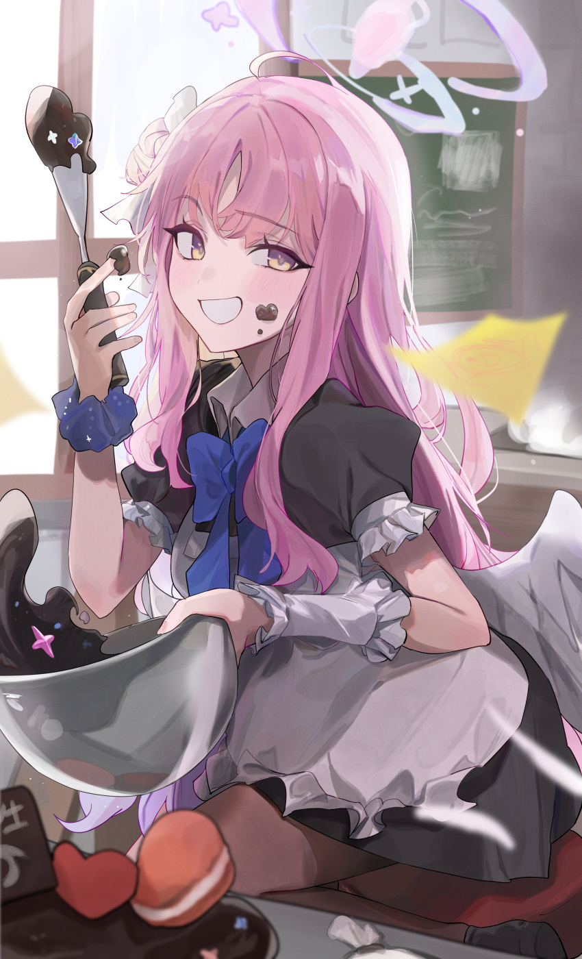 1girl, absurdres, angel_wings, apron, black_dress, black_footwear, blanc_(whit_blanc), blue_archive, blue_bow, blue_scrunchie, blurry, blurry_foreground, bow, bowl, brown_pantyhose, chalkboard, chocolate, chocolate_making, chocolate_on_face, chocolate_on_hand, doodle_sensei_(blue_archive), dress, fingernails, food, food_on_face, food_on_hand, frilled_ribbon, frills, grin, hair_bun, hair_ribbon, halo, highres, holding, holding_bowl, long_hair, looking_back, low_wings, macaron, maid, mika_(blue_archive), mixing_bowl, pantyhose, parted_bangs, pink_hair, pink_halo, raised_eyebrow, ribbon, scrunchie, sensei_(blue_archive), short_sleeves, single_side_bun, smile, solo, spatula, white_apron, white_ribbon, white_wings, white_wrist_cuffs, window, wings, wrist_cuffs, wrist_scrunchie